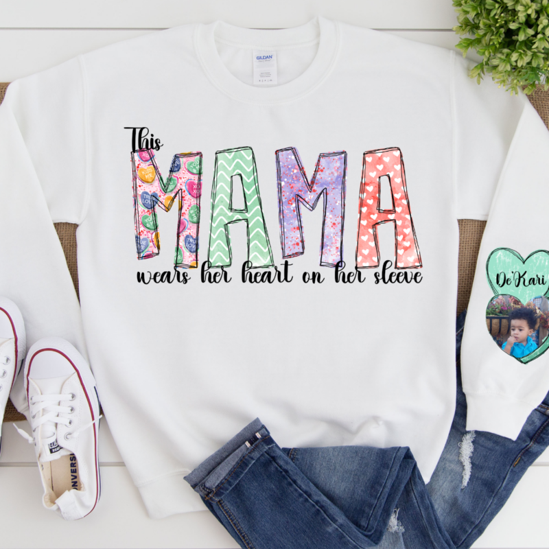 Alternative view of This Mama wears Her Heart on her Sleeve, Valentine's Day Shirt, Mother's Day Shirt, Cute Sweatshirt, Candy Shirt, Gift for Her