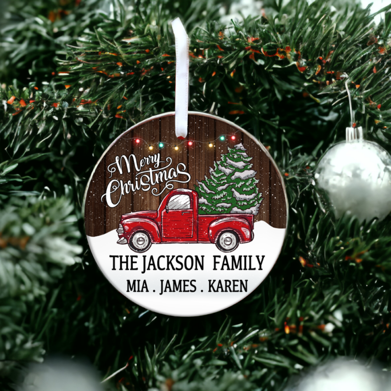Red Truck Christmas Ornament, Family Personalized Ornament, Holiday Gift, Christmas Gift Idea