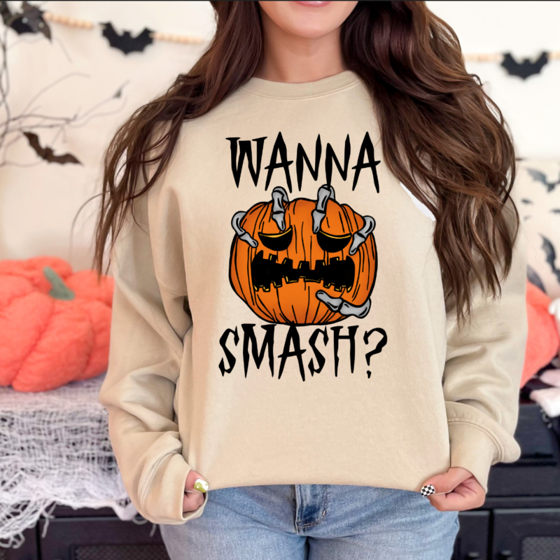 Alternative view of Funny Halloween Wanna Smash Sweatshirt and Hoodie, Funny Pumpkin Shirt, Womens Halloween Sweater, Skeleton Sweatshirt, Spooky Sweatshirt