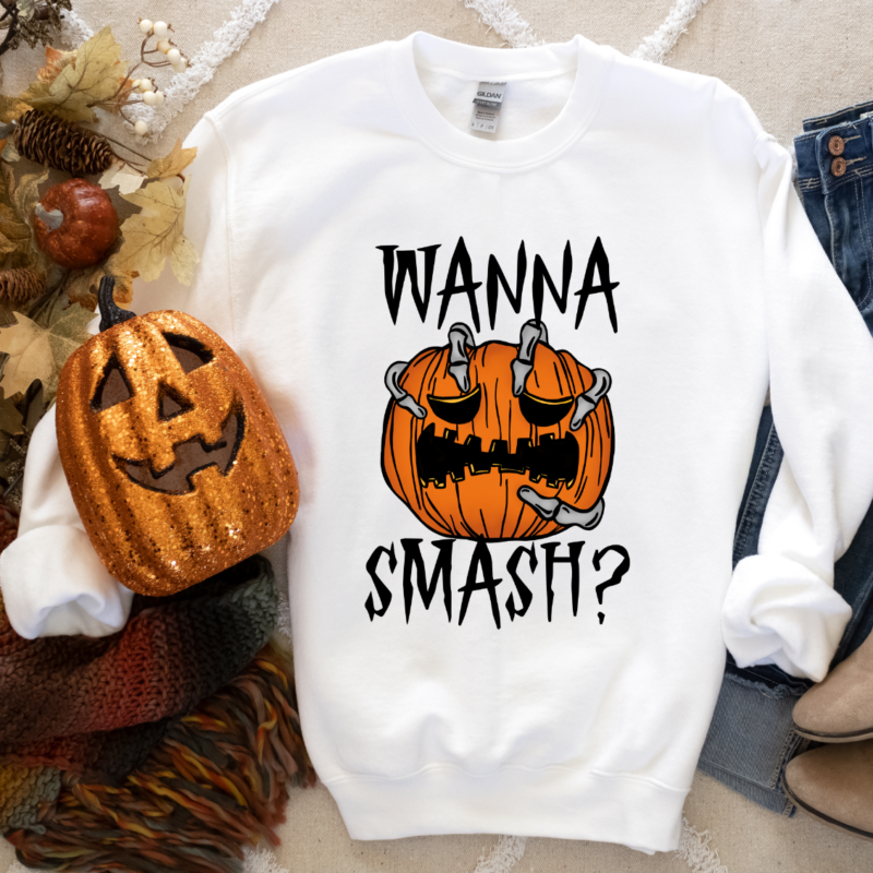 Funny Halloween Wanna Smash Sweatshirt and Hoodie, Funny Pumpkin Shirt, Womens Halloween Sweater, Skeleton Sweatshirt, Spooky Sweatshirt - Image 3