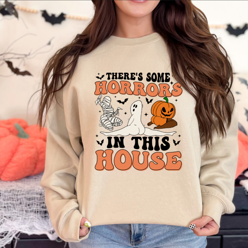 There's Some Horrors In This House Sweat, Funny Halloween Sweatshirt, Retro Halloween Hoodie, Funny Pumpkin Hoodie - Image 3