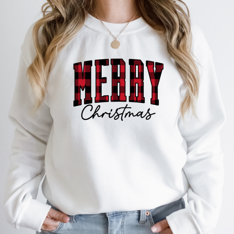 Merry Christmas Buffalo Plaid Sweatshirt, Christmas Shirt for Women, Buffalo Plaid Christmas Sweatshirt - Image 3