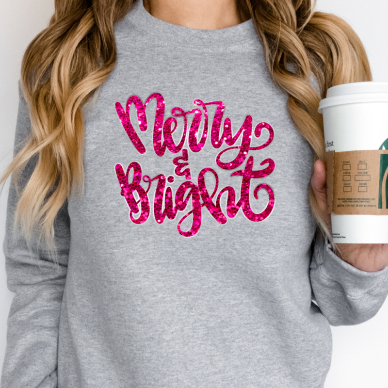 Merry and Bright Pink Faux Glitter DTF Transfer