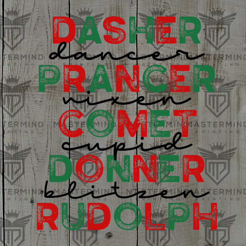 Reindeer Names Red DTF Transfer