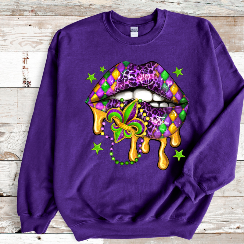 Mardi Gras Lips Shirt, Mardi Gras Sweatshirt, NOLA Parade Sweater, Louisiana New Orleans Purple Green and Gold Shirt, NOLA Parade Gift