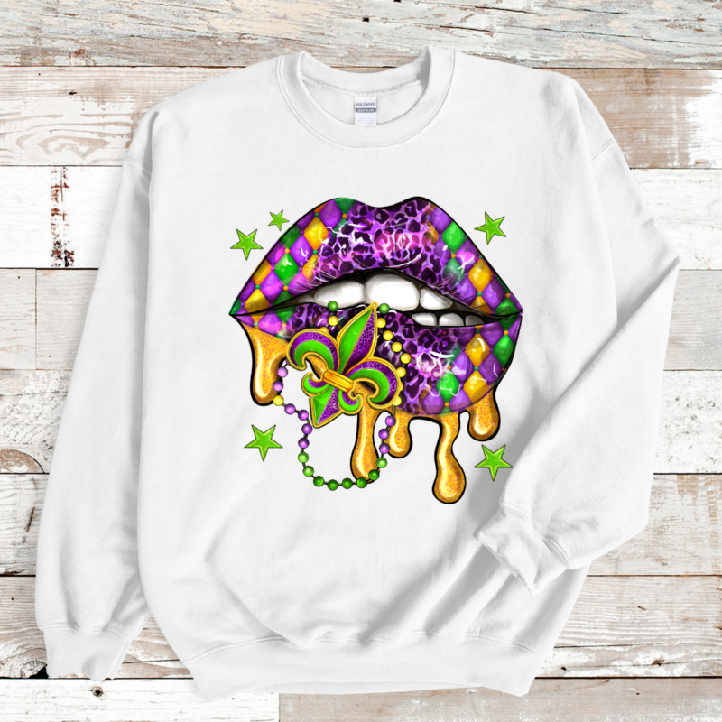 Alternative view of Mardi Gras Lips Shirt, Mardi Gras Sweatshirt, NOLA Parade Sweater, Louisiana New Orleans Purple Green and Gold Shirt, NOLA Parade Gift