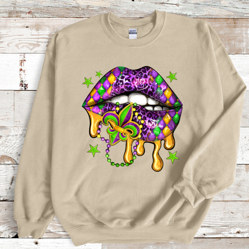 Mardi Gras Lips Shirt, Mardi Gras Sweatshirt, NOLA Parade Sweater, Louisiana New Orleans Purple Green and Gold Shirt, NOLA Parade Gift - Image 6