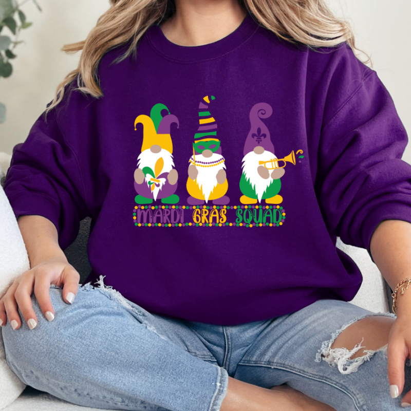 Mardi Gras Gnomes Squad, Mardi Gras Sweatshirt, NOLA Parade Sweater, Louisiana New Orleans Purple Green and Gold Shirt, NOLA Parade Gift
