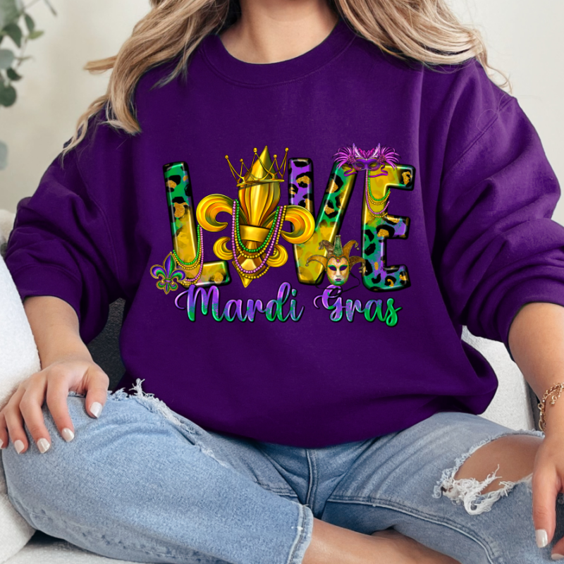 Love Mardi Gras SweatShirt, Mardi Gras Sweatshirt, NOLA Parade Sweater, Louisiana New Orleans Purple Green and Gold Shirt, NOLA Parade Gift