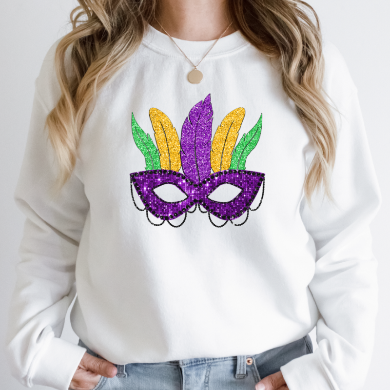 Purple Mardi Gras Mask Shirt, Mardi Gras Sweatshirt, NOLA Parade Sweater, Louisiana New Orleans Purple Green and Gold Shirt, NOLA Parade Gift