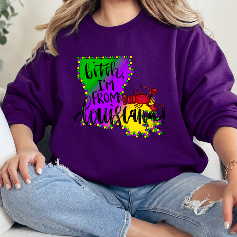 Bitch I'm From Louisiana Shirt, Mardi Gras Sweatshirt, NOLA Parade Sweater, Louisiana New Orleans Purple Green and Gold Shirt, NOLA Parade Gift - Image 4