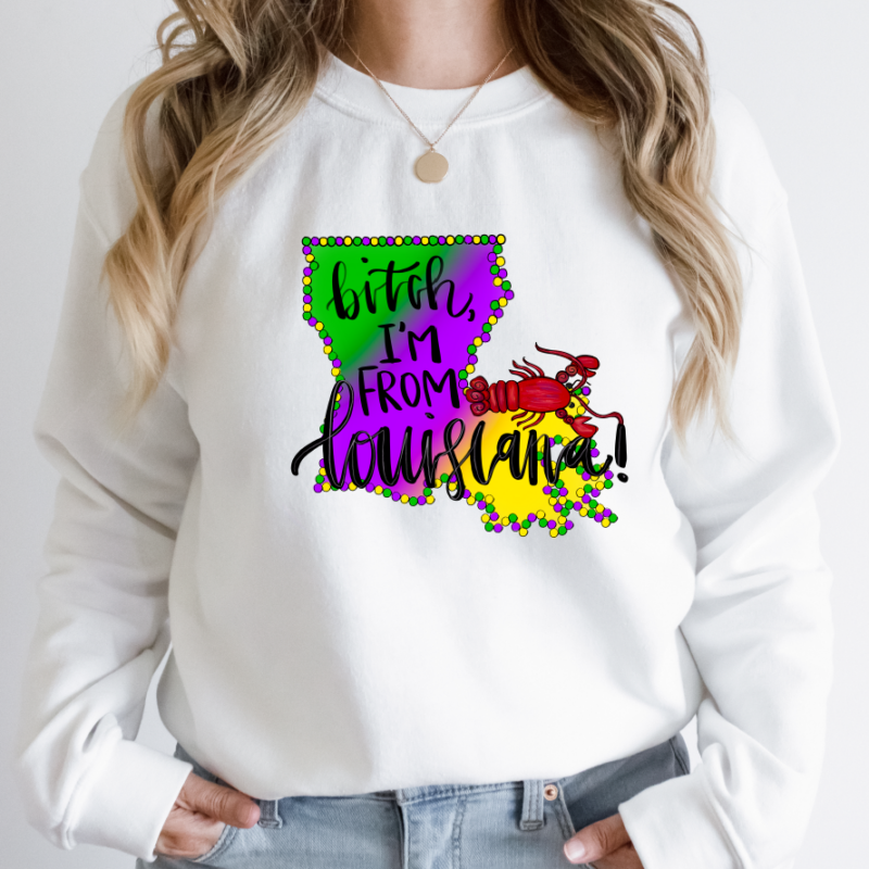 Bitch I'm From Louisiana Shirt, Mardi Gras Sweatshirt, NOLA Parade Sweater, Louisiana New Orleans Purple Green and Gold Shirt, NOLA Parade Gift
