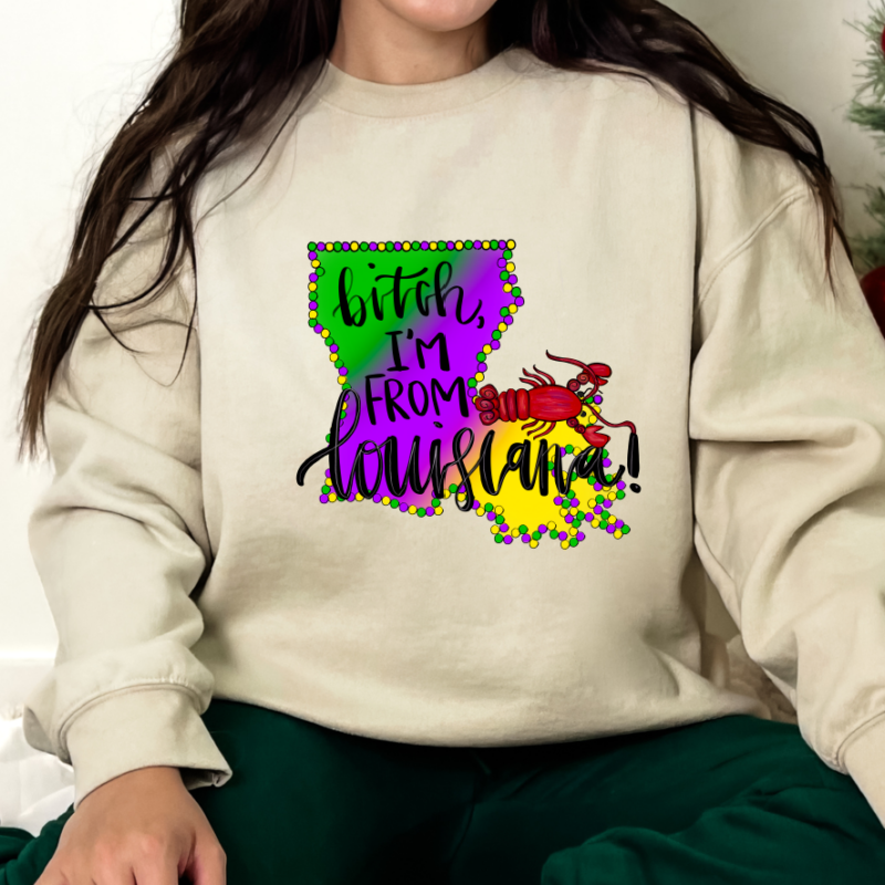Alternative view of Bitch I'm From Louisiana Shirt, Mardi Gras Sweatshirt, NOLA Parade Sweater, Louisiana New Orleans Purple Green and Gold Shirt, NOLA Parade Gift