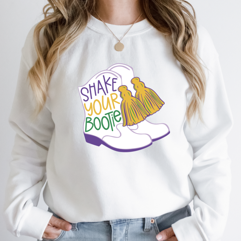 Alternative view of Shake Your Boots Shirt, Mardi Gras Sweatshirt, NOLA Parade Sweater, Louisiana New Orleans Purple Green and Gold Shirt, NOLA Parade Gift