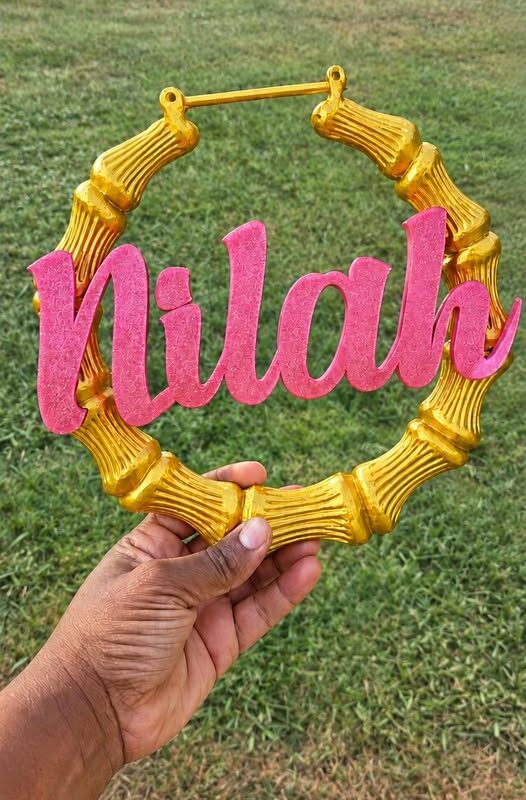 Alternative view of Personalized Bamboo Name Hoop Earrings Door Hanger – Custom Oversized Statement Earrings