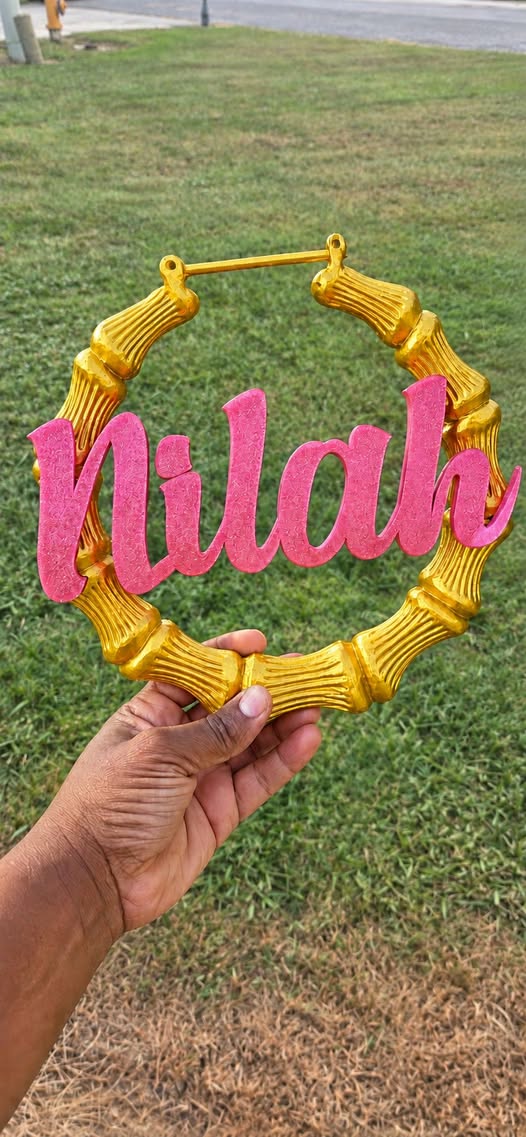 Personalized Bamboo Name Hoop Earrings Door Hanger – Custom Oversized Statement Earrings - Image 2