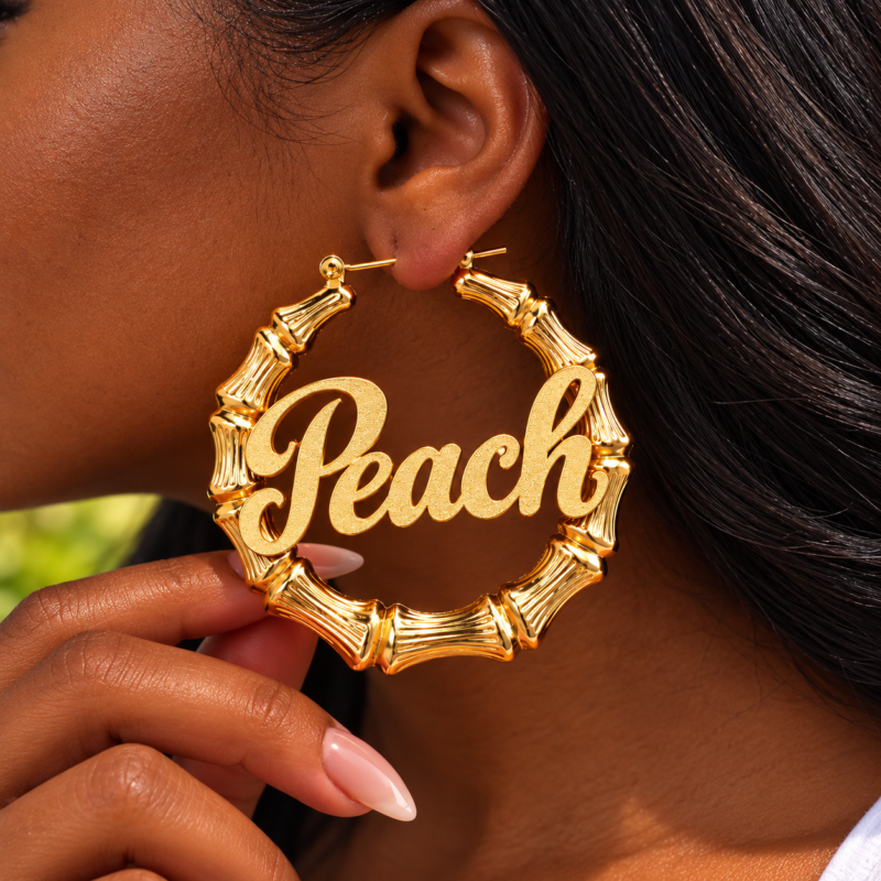 Personalized Bamboo Name Hoop Earrings – Custom Gold Acrylic Name Earrings