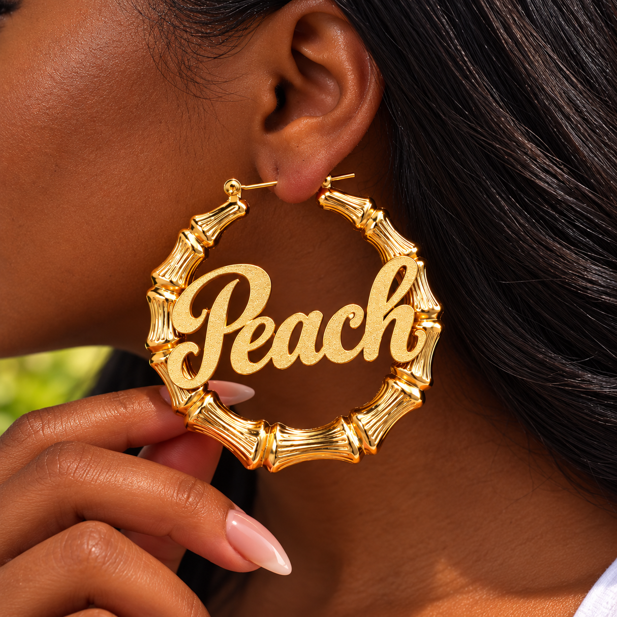 Personalized Bamboo Name Hoop Earrings – Custom Gold Acrylic Name Earrings